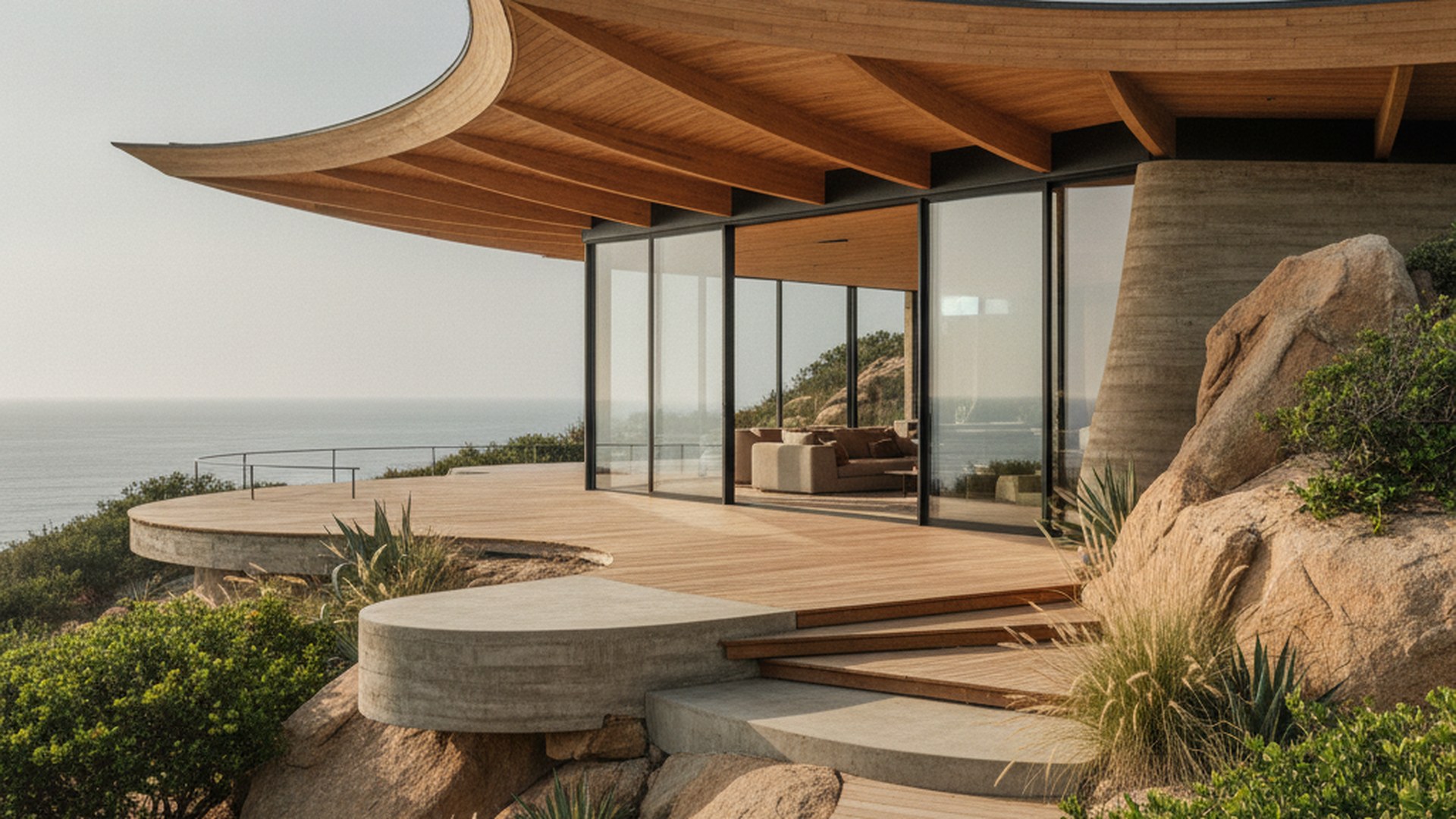 Organic modern home with a curved laminated-beam roof nestled into sandstone above the coast