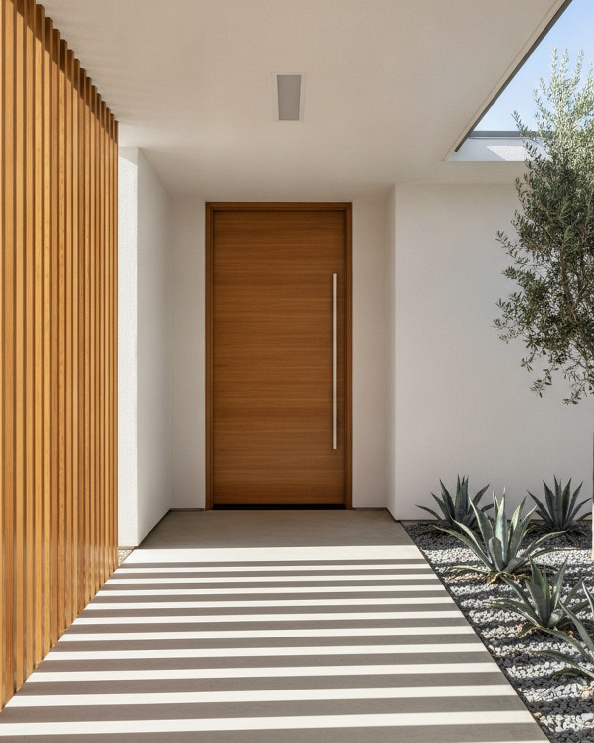 Modern entry with a pivot door, board-formed concrete and layered desert planting